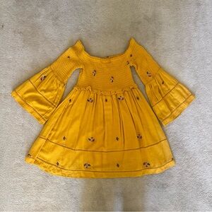 Free People Mustard Yellow Smocked Mini Dress with Bell Sleeves